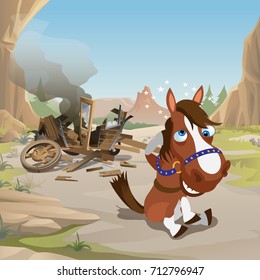 Cute poster in wild West style. Crazy horse with stars around the head sitting near with collapsed wooden cart. Vintage wooden transport in Western style. Vector cartoon close-up illustration.