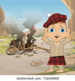 Cute Poster in Wild West Style. Young Man in Traditional Scottish Red Tartan Bonnet, Tam o' Shanter, stands, holding his head, next to the collapsed wooden cart. Western style. Vector cartoon close-up