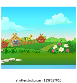 Cute poster with wooden country houses, grassy meadow. Vector cartoon close-up illustration.