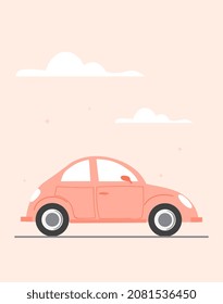 Afiches con auto. Banner colorido con automóvil rosa, carreteras y nubes. Elemento de diseño para redes sociales, postales y decoraciones de pared en habitación infantil. Ilustración vectorial plana moderna de dibujos animados