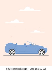 Cute posters with car. Colorful pink banner with vehicle, road and clouds. Design element for greeting cards or decorating children room. Modern blue automobile. Cartoon flat vector illustration
