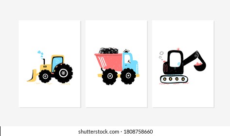 Cute posters with car vector prints for baby room, baby shower, greeting card, kids and baby t-shirts, and wear. Hand drawn nursery