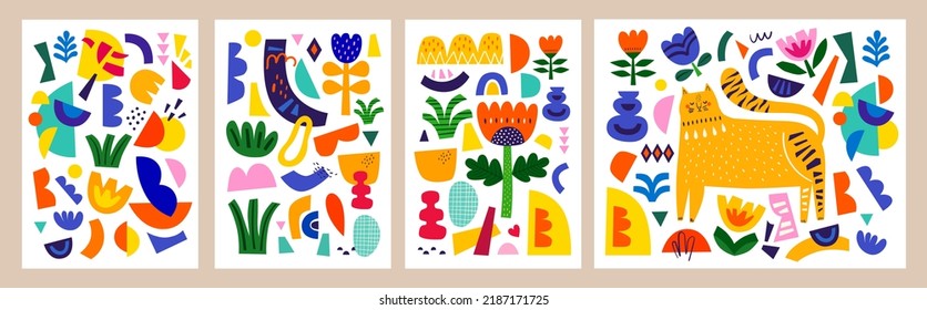 Cute posters and cards collection with cat. Decorative abstract illustrations with colorful doodles and shapes. Hand-drawn modern illustrations with cat, flowers, abstract elements