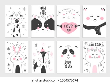 Cute posters and cards with funny animals set vector illustration. Joyful racoon hedgehog cat and fox with nice inscription. Prints for female t-shirt concept