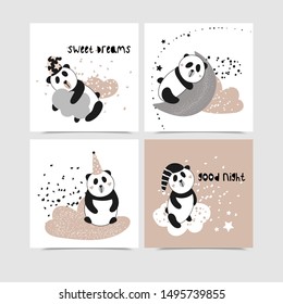 Cute posters and cards with pandas. Good night. Sweet Dreams. Vector childish illustration on white background.