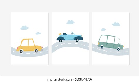 Cute posters with cars  vector prints for baby room, baby shower, greeting card, kids and baby t-shirts and wear. Hand drawn nursery