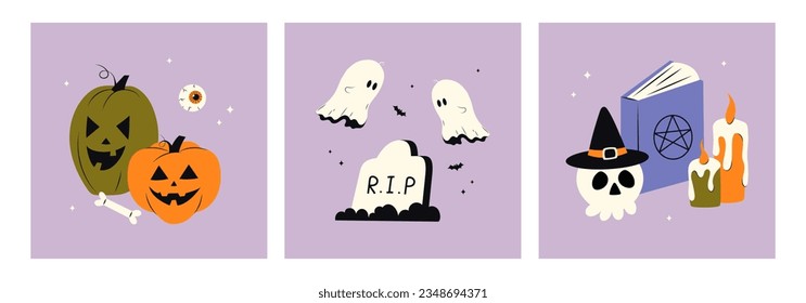 Cute posters of happy halloween with different elements for design in cartoon style. Pumpkin, ghost, candles, witch book, skull. Vector stock illustration, all elements are isolated.