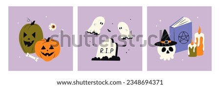 Cute posters of happy halloween with different elements for design in cartoon style. Pumpkin, ghost, candles, witch book, skull. Vector stock illustration, all elements are isolated.