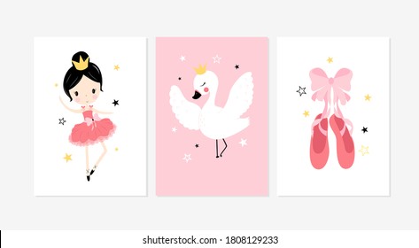 Cute Posters With Little Ballet Girl, Swan And Shoes Vector Prints For Baby Room, Baby Shower, Greeting Card, Kids And Baby T-shirts And Wear. Hand Drawn Nursery