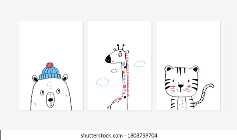 Cute posters with the little bear, giraffe, and tiger vector prints for baby room, baby shower, greeting card, kids and baby t-shirts, and wear. Hand drawn nursery