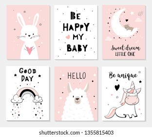 Cute posters with little bunny, lama, unicorn, vector prints for baby room, baby shower, greeting card, kids and baby t-shirts and wear. Hand drawn nursery illustration.