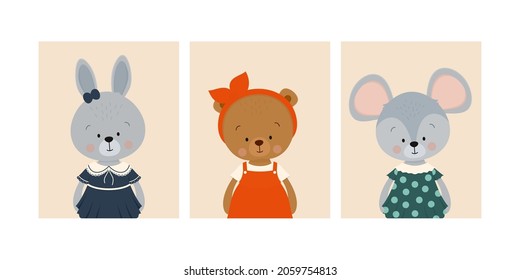 Cute posters with little cartoon rabbit, bear and mouse wearing dresses. Vector prints for nursery room, baby shower, greeting cards, kids t-shirts and baby wear.