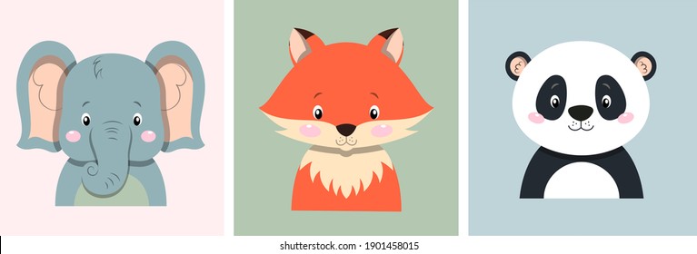 Cute posters with little fox, elephant, and panda bear vector prints for baby room, baby shower, greeting card, kids and baby t-shirts and wear. Set of isolated flat cartoon vector illustrations