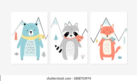 Cute posters with little fox, raccoon, and bear vector prints for baby room, baby shower, greeting card, kids and baby t-shirts and wear. Hand drawn nursery