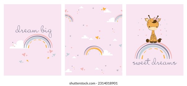 Cute posters with a little giraffe and rainbow vector prints for baby room, baby shower, greeting card, kids and baby t-shirts, and wear. Hand drawn nursery cartoon animals characters. Set of nursery 