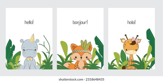 Cute posters with little hippo, fox and giraffe vector prints for baby room, baby shower, greeting card, kids and baby t-shirts and wear. Hand drawn nursery kids room wall. Cartoon animals characters