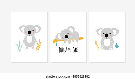 Cute posters with little koala vector prints for baby room, baby shower, greeting card, kids and baby t-shirts and wear. Hand drawn nursery