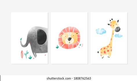 Cute posters with a little lion, giraffe, and elephant vector prints for baby room, baby shower, greeting card, kids and baby t-shirts, and wear. Hand drawn nursery