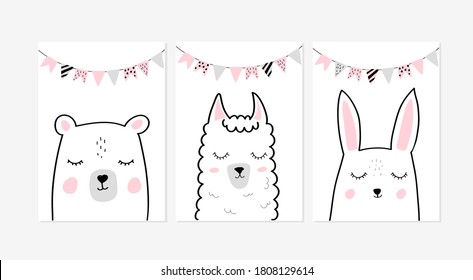 Cute posters with little rabbit, bear and llama vector prints for baby room, baby shower, greeting card, kids and baby t-shirts and wear. Hand drawn nursery