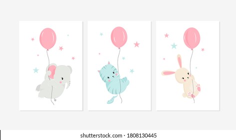 Cute posters with little rabbit, elephant and cat vector prints for baby room, baby shower, greeting card, kids and baby t-shirts and wear. Hand drawn nursery