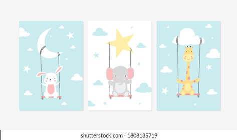 Cute posters with little rabbit, elephant and giraffe  vector prints for baby room, baby shower, greeting card, kids and baby t-shirts and wear. Hand drawn nursery