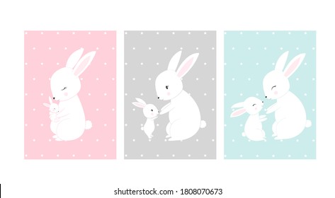 Cute posters with little rabbits vector prints for baby room, baby shower, greeting card, kids and baby t-shirts and wear. Hand drawn nursery