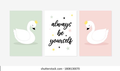 Cute posters with little swans ans slogan vector prints for baby room, baby shower, greeting card, kids and baby t-shirts and wear. Hand drawn nursery