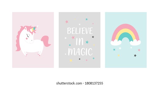 Cute posters with little unicorn, rainbow and slogan vector prints for baby room, baby shower, greeting card, kids and baby t-shirts and wear. Hand drawn nursery