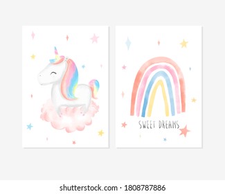 Cute posters with little unicorn, rainbow and slogan vector prints for baby room, baby shower, greeting card, kids and baby t-shirts and wear. Hand drawn nursery