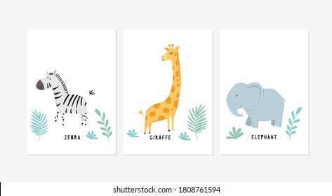 Cute posters with a little zebra, giraffe, and elephant vector prints for baby room, baby shower, greeting card, kids and baby t-shirts, and wear. Hand drawn nursery - Shutterstock ID 1808761594