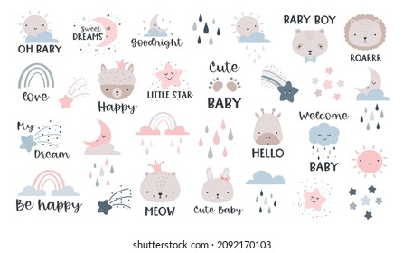 Cute posters with moon, stars, clouds and letterings. Vector prints for baby room, baby shower, greeting card, kids and baby t-shirts and wear. Hand drawn, nursery graphics elements.