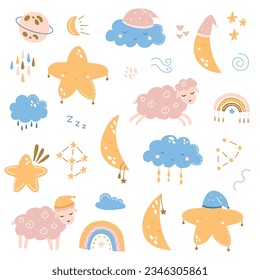 Cute posters with moon, stars, clouds. Vector prints for baby room, baby shower, greeting card, kids and baby t-shirts and wear. Hand drawn nursery illustration.