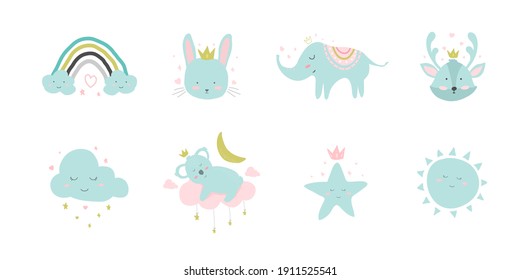 Cute posters with rainbow, star, koala, elephant, rabbit and deer vector for baby room, greeting card, kids and baby t-shirt. Little princess and cute animal hand drawn for nursery