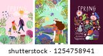 cute posters of spring time, vector drawn illustrations of a happy family in nature, girls against a landscape and a family with a pet cat surrounded by floral patterns