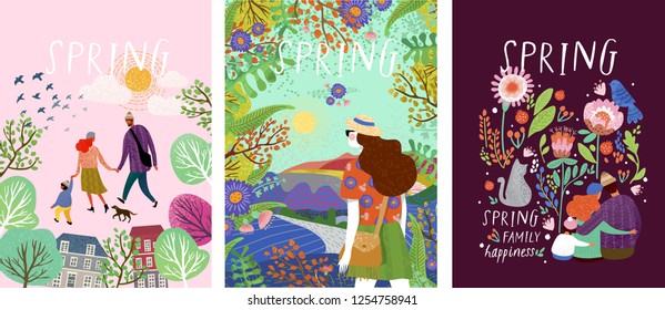 cute posters of spring time, vector drawn illustrations of a happy family in nature, girls against a landscape and a family with a pet cat surrounded by floral patterns