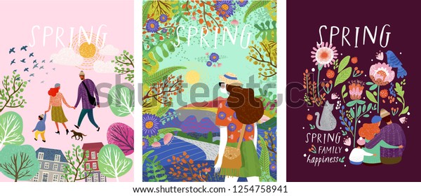 春のかわいいポスター 自然の幸せな家族のベクターイラスト 風景に少女 花柄に囲まれたペットの猫との家族 のベクター画像素材 ロイヤリティフリー