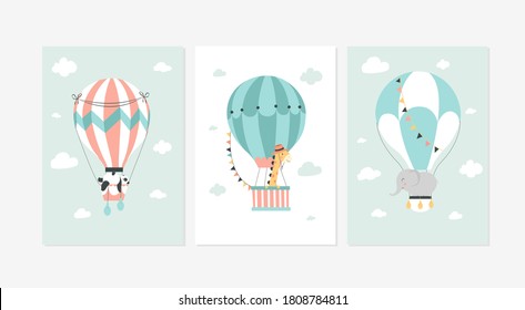 Cute posters with the sweet animals and balloons vector prints for baby room, baby shower, greeting card, kids and baby t-shirts, and wear.