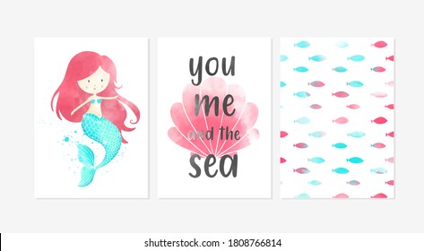 Cute posters with the sweet mermaid, pattern fish, and slogan vector prints for baby room, baby shower, greeting card, kids and baby t-shirts, and wear. Hand drawn nursery