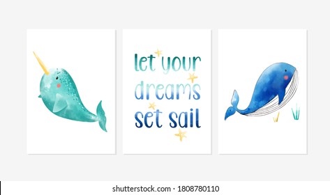 Cute posters with the sweet underwater animal vector prints for baby room, baby shower, greeting card, kids and baby t-shirts, and wear.