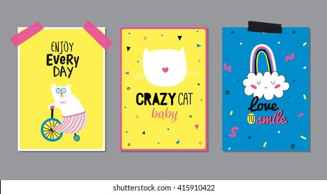 Cute Posters with Trendy Animal Elements. Quote Typographic. Scandinavian Style. Vector. Isolated. Enjoy Every Day. Good for Cards, Gift Tags, Stickers, Placards and Labels. Yellow, Pink, Blue.