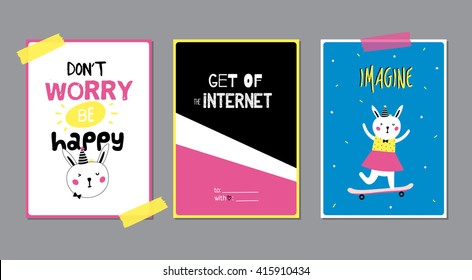 Cute Posters with Trendy Animal Elements. Quote Typographic. Scandinavian Style. Vector. Isolated. Don't Worry, Be Happy. Good for Cards, Gift Tags, Stickers, Placards and Labels. Yellow, Pink, Blue.