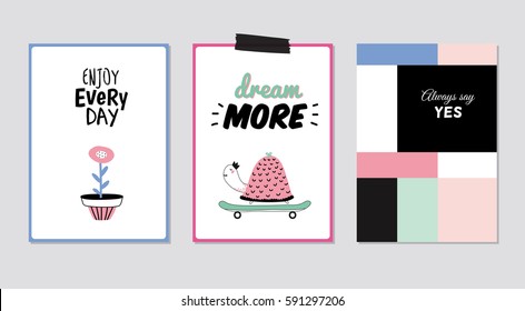 Cute Posters with Trendy Animal Elements. Quote Typographic. Scandinavian Style. Vector. Isolated. Enjoy Every Day. Dream More. Good for Cards, Tags, Stickers and  Placards
