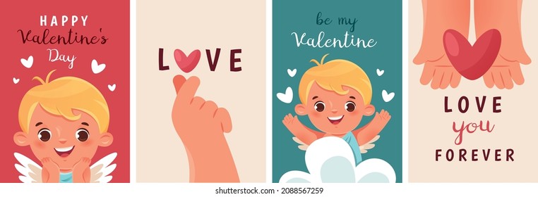 Cute posters for Valentine's Day. Funny cupid or angel, hands outstretched heart, hand love gestures.