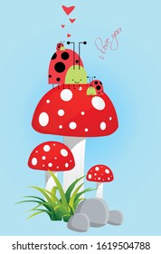 cute posters, valentines day greetings, heart shape frame, vector illustration of mushroom