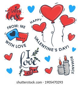cute posters, valentines day greetings, heart shape frame, vector illustration of a set different elements. Flyers, invitation, poster, brochure, banner.