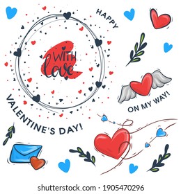 cute posters, valentines day greetings, heart shape frame, vector illustration of a set different elements. Flyers, invitation, poster, brochure, banner.