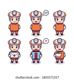 Cute Postman with Different Expressions Set Cartoon Vector Icon Illustration. Flat Cartoon Style Suitable for Story Book, Flyer, Sticker, Card