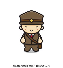 Cute postman mascot character with good pose vector cartoon icon illustration. Design isolated on white. Flat cartoon style.