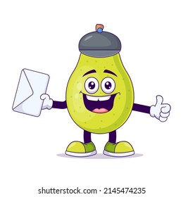 Cute postman pear cartoon vector illustration design. Fruit mascot character concept isolated vector