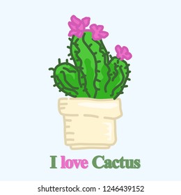 Cute pot with blloming cactus. Hand drawn vector illustration 
